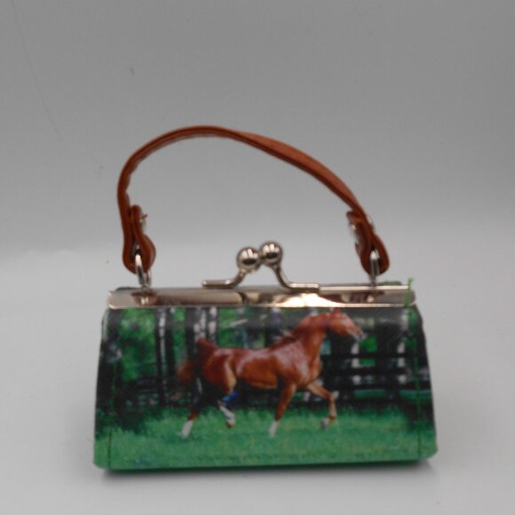MINI LIPSTICK HORSE THEME PURSE GREEN BROWN AND SILVER CUTE - Picture 4 of 12